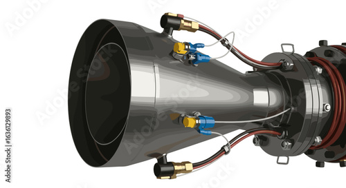 Close up view of a metal industrial part with wires and connectors attached on a white background image