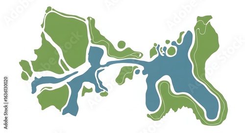 Abstract Stylized Map with Green Landmasses and Blue Water Channels