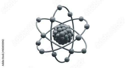 Illustration of a gray atom with orbiting electrons and a clustered nucleus in the center view