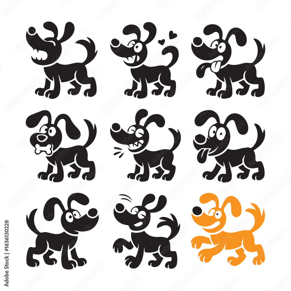 Obraz premium Collection of nine adorable cartoon dogs in various playful poses and expressions