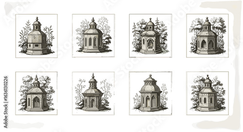 A collection of eight architectural garden folly illustrations with floral backgrounds and white borders
