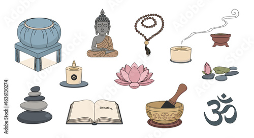 Illustration of meditation and mindfulness elements including buddha statue and prayer beads set up
