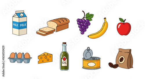 Illustration of a diverse assortment of grocery items including fruits dairy and pantry staples in cartoon style
