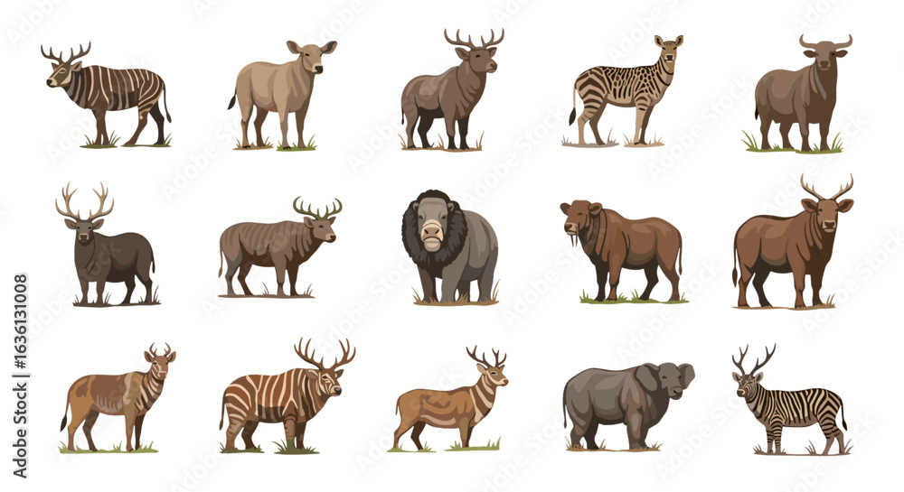Fototapeta premium Illustration of various deer species and antelope standing on grass in a group on white background