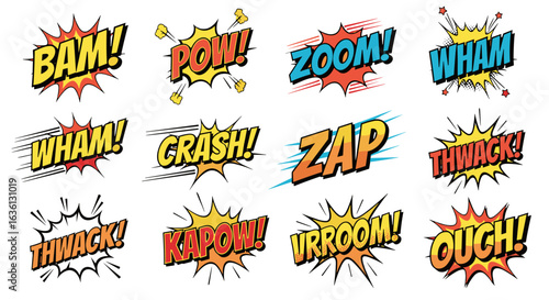 Collection of comic book style sound effect words bam pow zoom wham crash zap kapow vrroom ouch thwack