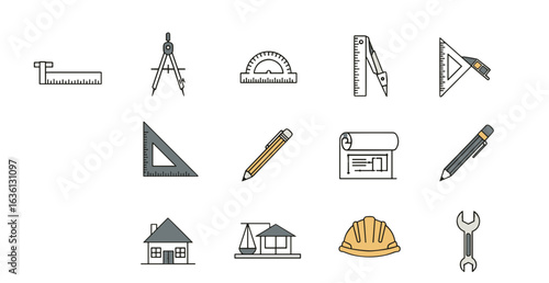 Illustration of architecture and engineering tools and building related icons on a white background