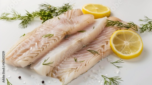 fake plastic fish fillet with lemon slices on white background