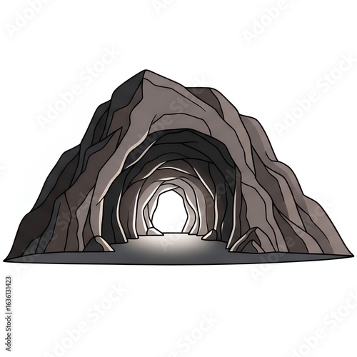 Stylized Rock Cave Entrance and Dark Tunnel with Bright Light at the End