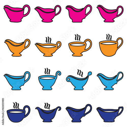 Colorful gravy boats isolated on white background in a variety of shapes and colors, perfect for adding a touch of whimsy to your designs and illustrations, vector illustration