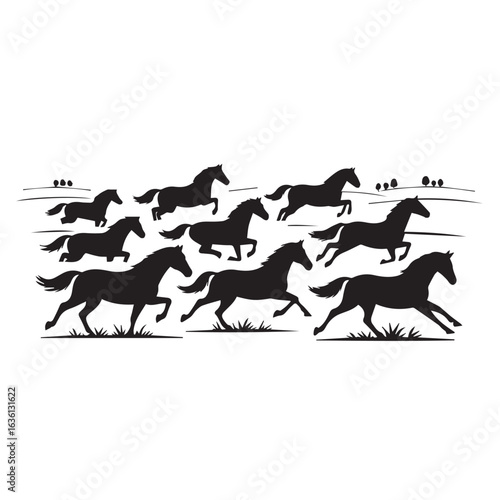 Dynamic silhouette of a herd of horses galloping across a grassy field