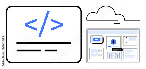 Code snippet on the left with paired cloud and browser screen showcasing graphs, videos, and notifications. Ideal for software development, cloud computing, data visualization, analytics, coding