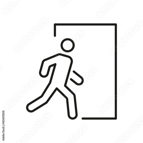 Person Exiting Door Line Icon. Emergency Exit, Evacuation Route, And Safety Sign Outline Symbol. Building Safety And Navigation. Editable Stroke. Isolated Vector Illustration