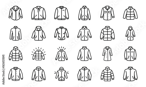 Winter Jacket and Coat Icon Set – Minimal Line Style Vector Illustrations of Outerwear, Puffer Jackets, Parkas, Hooded Coats, and Fashion Clothing Icons for Cold Weather Design Projects