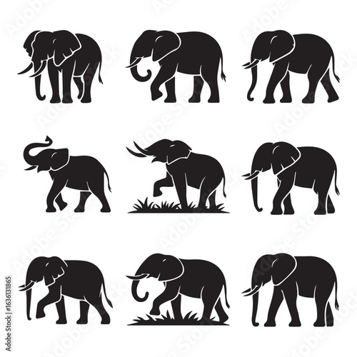 Collection of silhouette illustrations of elephants in various poses and movements