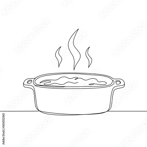 Steaming casserole dish in black line art on transparent background  