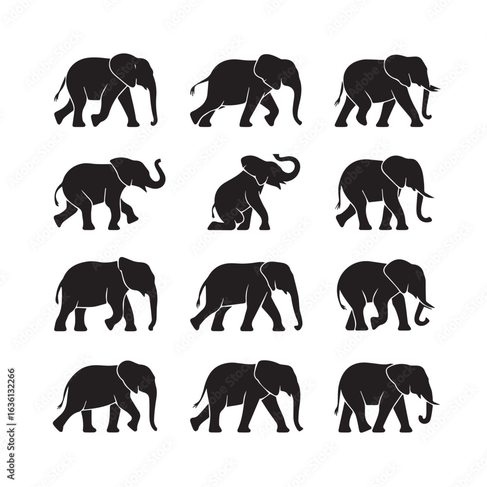 Obraz premium Collection of diverse silhouette poses of elephants in various movements and interactions