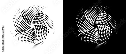 Abstract background with halftone dots in spiral. Modern circle dotted pattern with 5 parts. Black shape on a white background and the same white shape on the black side.