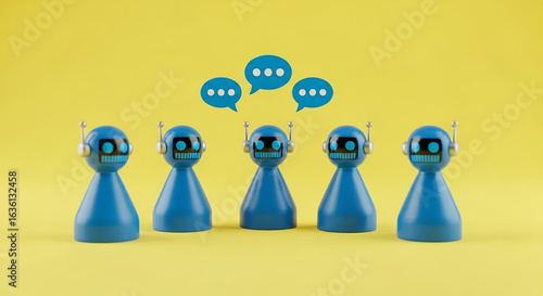 Colorful 3D toy people arranged as a team with leader concept on blue background