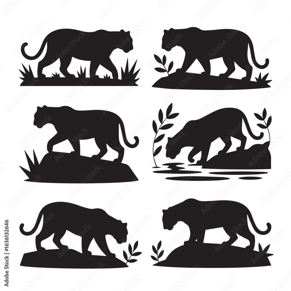 Naklejka premium Six silhouette illustrations of powerful black panthers in various natural poses