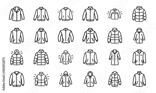 Winter Jacket and Coat Icon Set – Minimal Line Style Vector Illustrations of Outerwear, Puffer Jackets, Parkas, Hooded Coats, and Fashion Clothing Icons for Cold Weather Design Projects