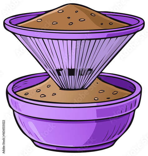 Illustration of Sifting Dry Ingredients Through a Purple Sieve into a Bowl