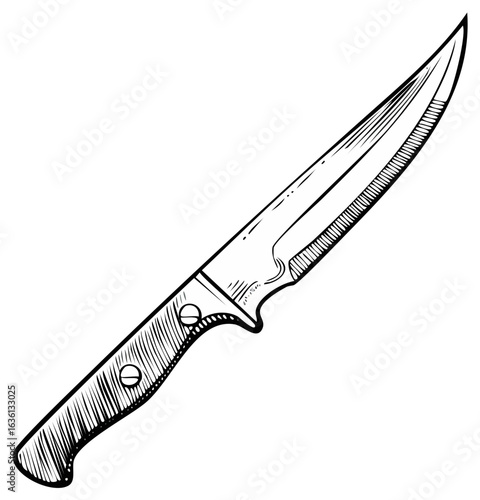 Hand Drawn Sketch of a Sharp Serrated Blade Kitchen Knife with Wooden Handle