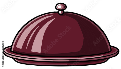 Burgundy domed tray with lid rests in readiness for serving food in style