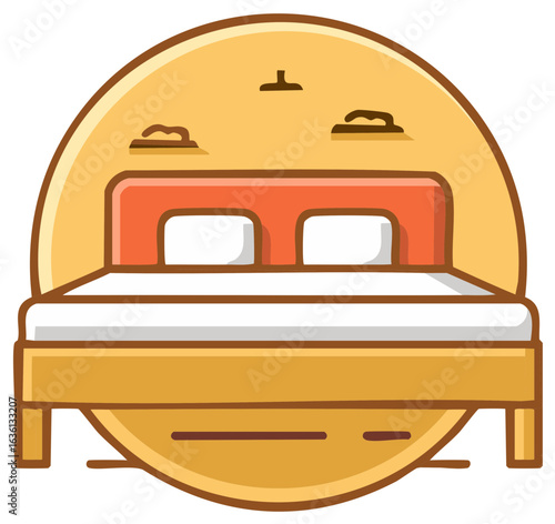 Comfortable cozy bed with mattress pillows and headboard in flat cartoon style vector graphic