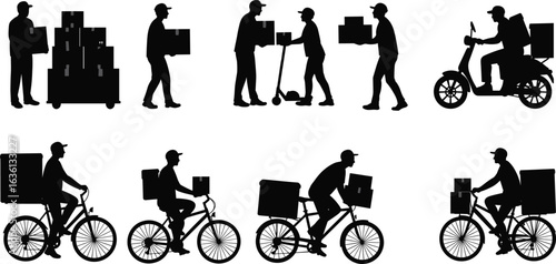 Delivery worker silhouette set, package transport, scooter, bicycle, hand truck, box handling, courier vector, logistics, shipping, urban service