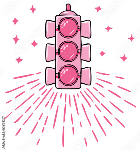 Cute pink traffic signal illustration with glowing rays and sparkling stars