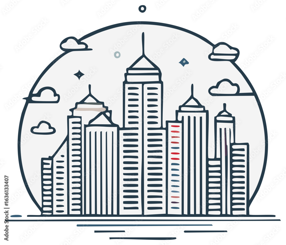 Fototapeta premium Modern City Skyline with Clouds and Stars Outline Vector Illustration