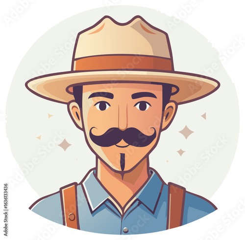Charming cartoon portrait of a friendly man with a prominent mustache wearing a stylish hat and suspenders