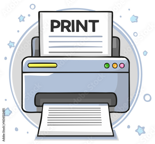Cartoon style printer producing paper documents and showing the print process