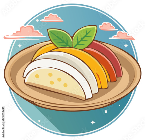 Whimsical cartoon illustration of a Caprese salad with fresh mozzarella and tomato slices