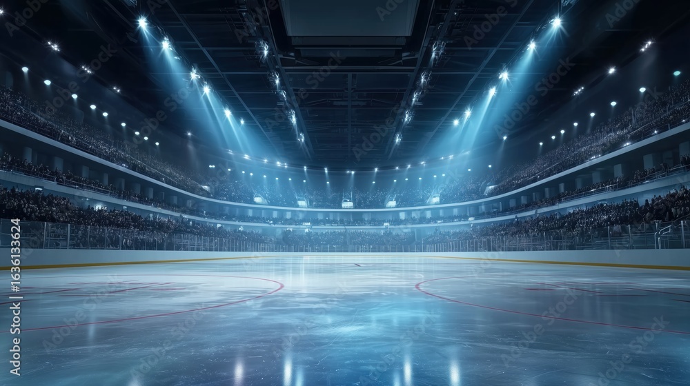 Fototapeta premium A brightly lit ice hockey arena displays a smooth playing surface beneath the glowing lights, improving visibility and the quality of play