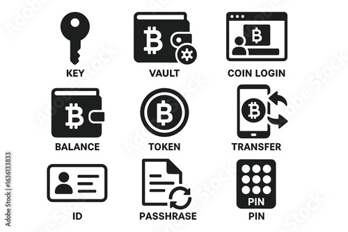 Cryptocurrency icons set for security, transfer, and wallet management