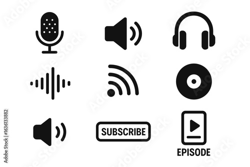 Podcasting icons: microphone, headphones, audio, subscribe, episode symbols