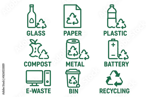 Recycling icons for glass, paper, plastic, compost, metal, battery, e-waste, bin