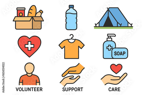 Essential icons for humanitarian aid: volunteer, support, care, food, shelter