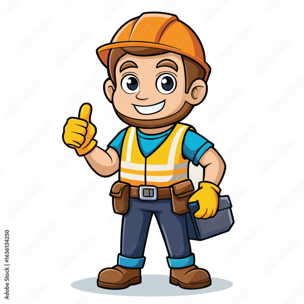 Cartoon Construction Worker Ready to Work Holding Tools with an Eager Smile and Safety Gear On Cartoon Construction Worker Ready to Work Holding Tools with an Eager Smile and Safety Gear On