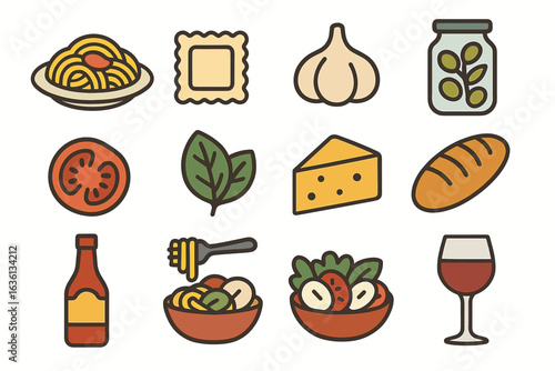 Italian cuisine icons: pasta, cheese, salad, bread, wine, and more