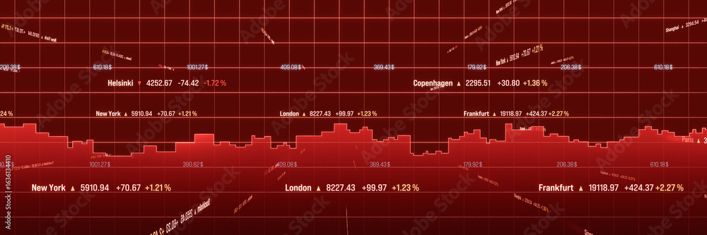 Obraz premium Abstract financial markets screen in red with tock chart, prices, market data. Stock market and exchange, invest, graph, banking, trading, risk, volatility. 3D illustration