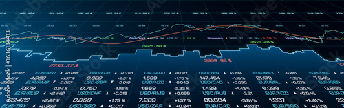 Abstract stock market chart, graph and data. Business, trading, investment, growth, progress, risk, volatility, chance, price. 3D illustration
