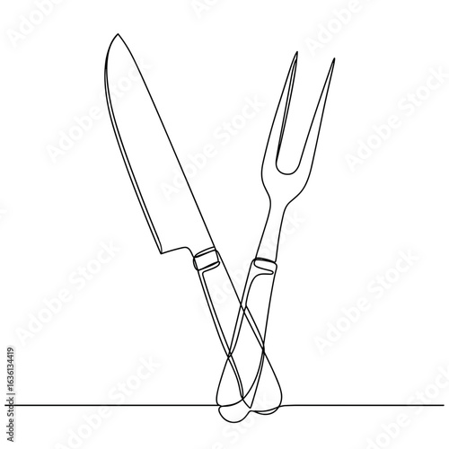 Carving knife and fork in continuous one line drawing style on transparent background  