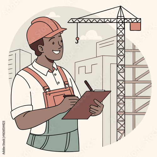 Illustrated Construction Foreman Taking Notes Near a Crane and Building Sketch