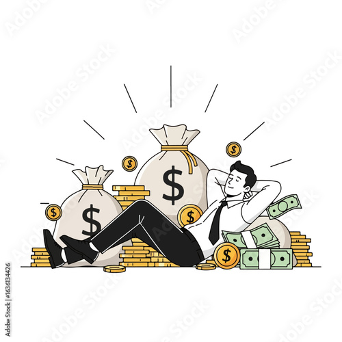Businessman Relaxing on Pile of Gold Coins and Cash Vector Illustration - Wealth and Financial Success Concept