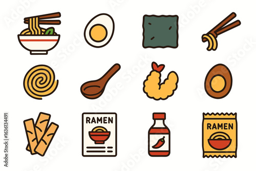 Illustrated ramen ingredients and utensils: noodles, egg, seaweed, chopsticks, tempura