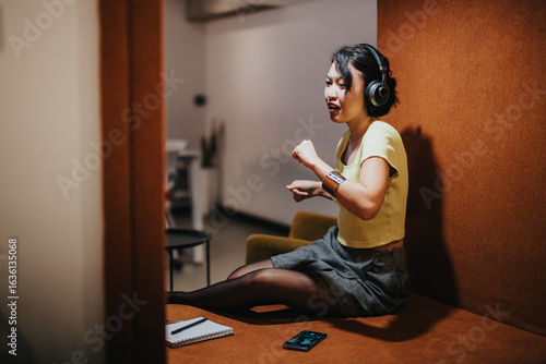Quadro su tela An individual wearing headphones, sitting in a relaxed position indoors, immersed in the rhythm of music, with a modern and casual vibe
