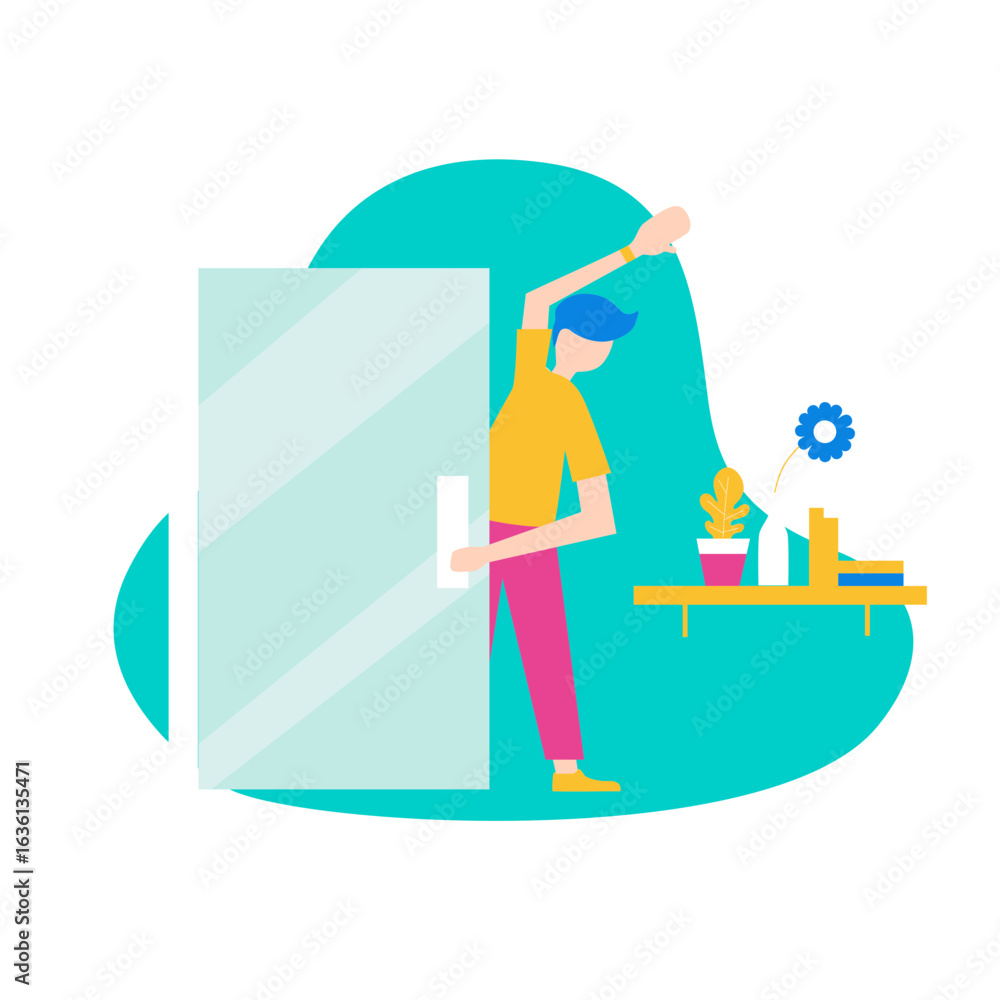 Login. Man opening a glass door and reaching for a shelf isolated on transparent background. Login. Man opening a glass door and reaching for a shelf isolated on transparent background.