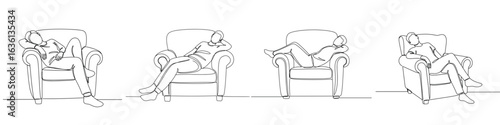 Minimalist line art set of person relaxing in armchair